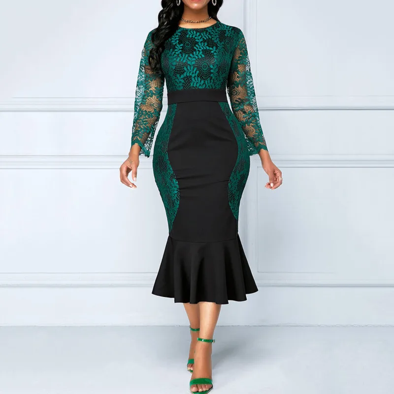 

Ruffles Green Lace Dress For Women Elegant Mid Calf Office Dress Party Patchwork Mermaid Spring Summer Dress 2020 Women 3XL 4XL