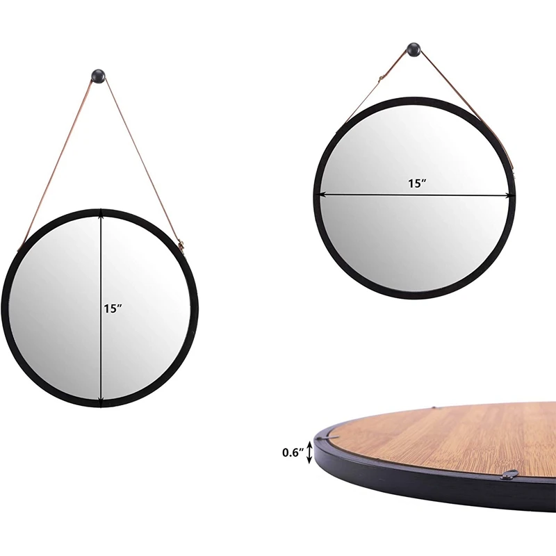 Hanging Round Wall Mirror in Bathroom& Bedroom- Solid Bamboo Frame& Adjustable Leather Strap