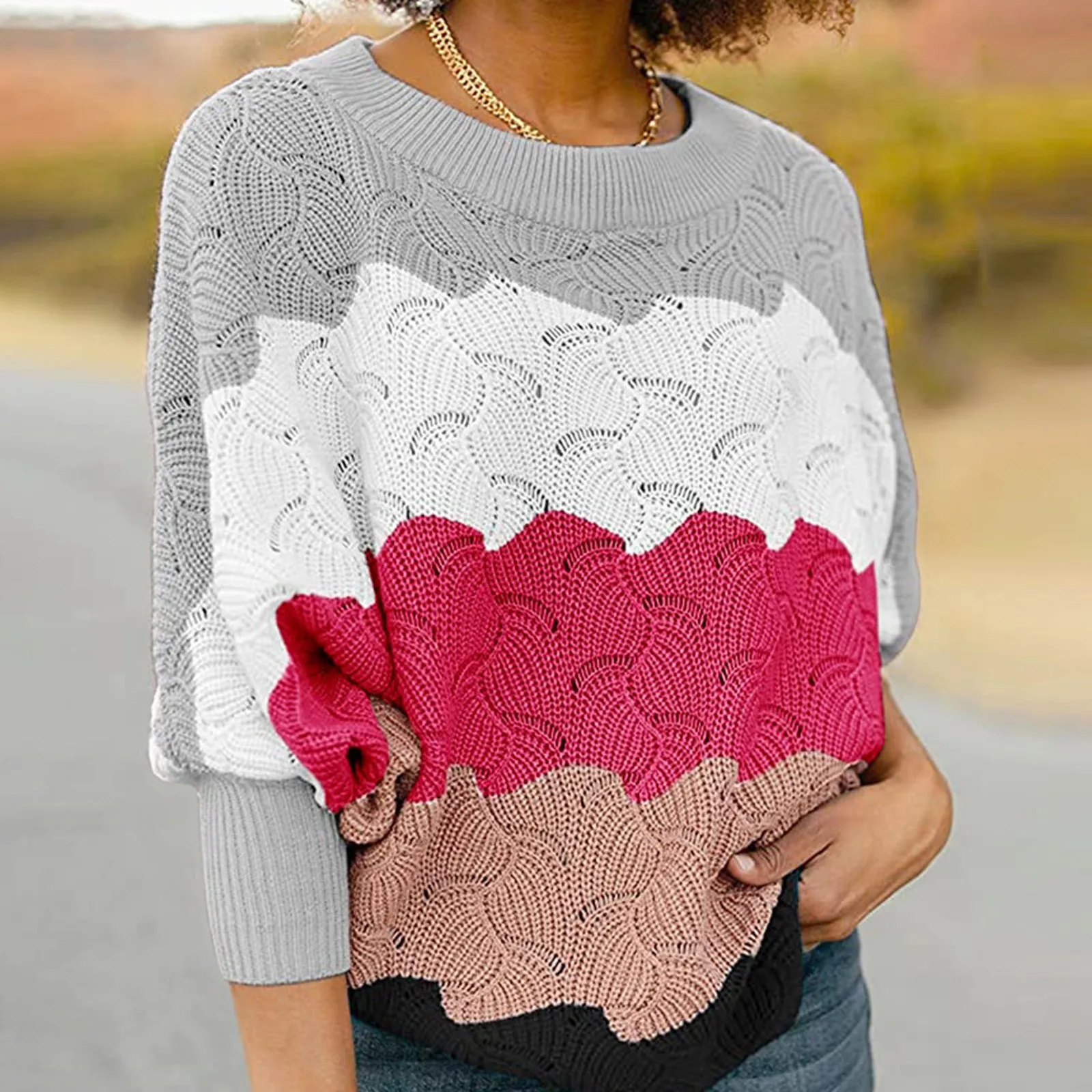 Women Leisure Daily Pullovers Color Contrast Hollowed Out Sweater Bat Sleeve Sweater for ladies Loose Casual Pullovers Jumper 2