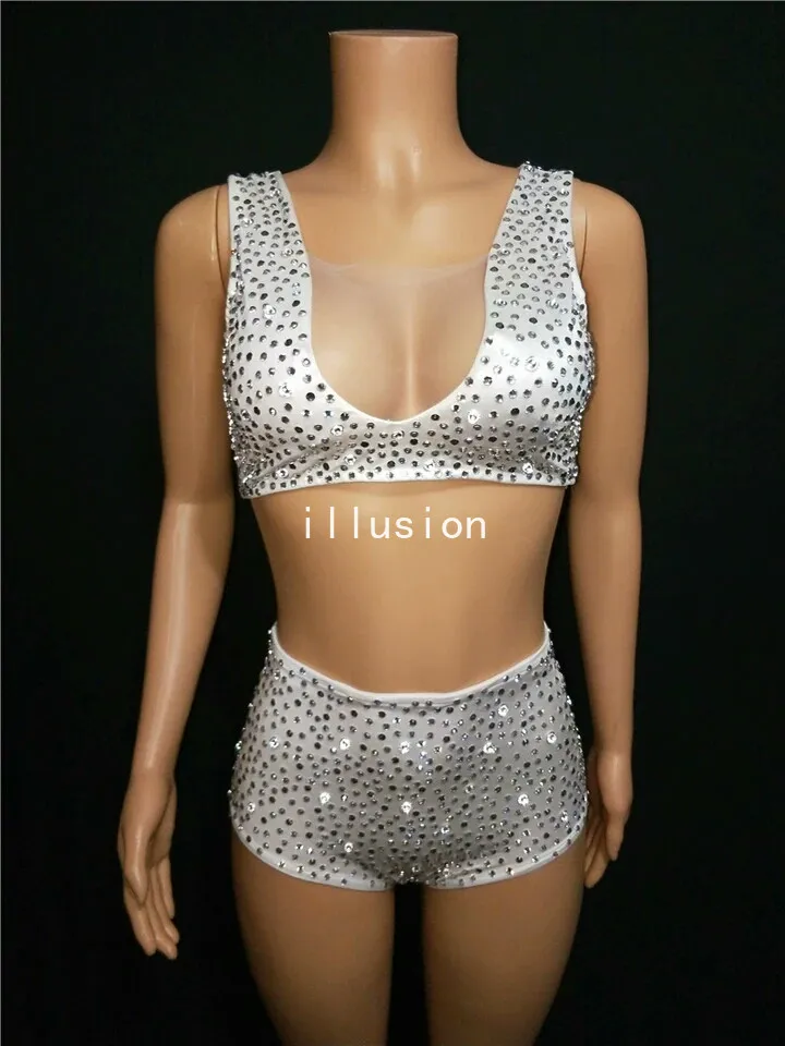 Luxurious 3 Pieces Set Stage Performance Costume Full Rhinestones Singer DJ Show Wear White Suit Jacket Cloak Nightclub Outfit