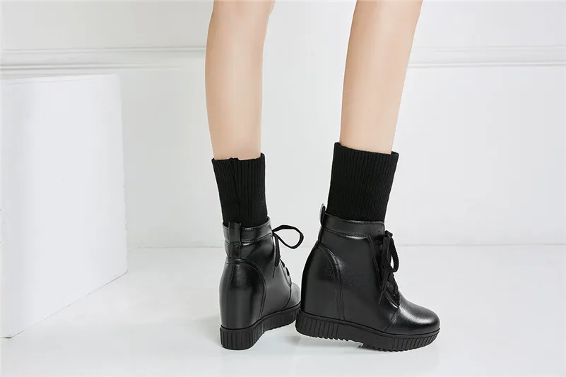 Meotina Winter Ankle Boots Women Lace Up Height Increasing High Heel Short Boots Knitting Round Toe Shoes Lady Autumn Size 33-43