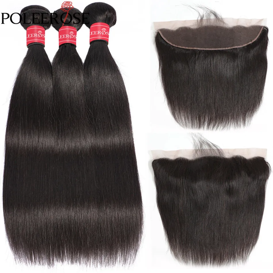

POLEEROSE Straight Hair Bundles With Frontal Peruvian Human Hair Bundle With Frontal 13X4 Lace Closure With Non Remy Hair Bundle