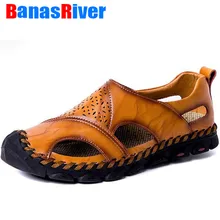 Летние сандалии без застежки с круглым носком; Мужские дышащие туфли ручной работы на плоской подошве из высококачественной кожи; Модная Повседневная пляжная обувь размера плюс