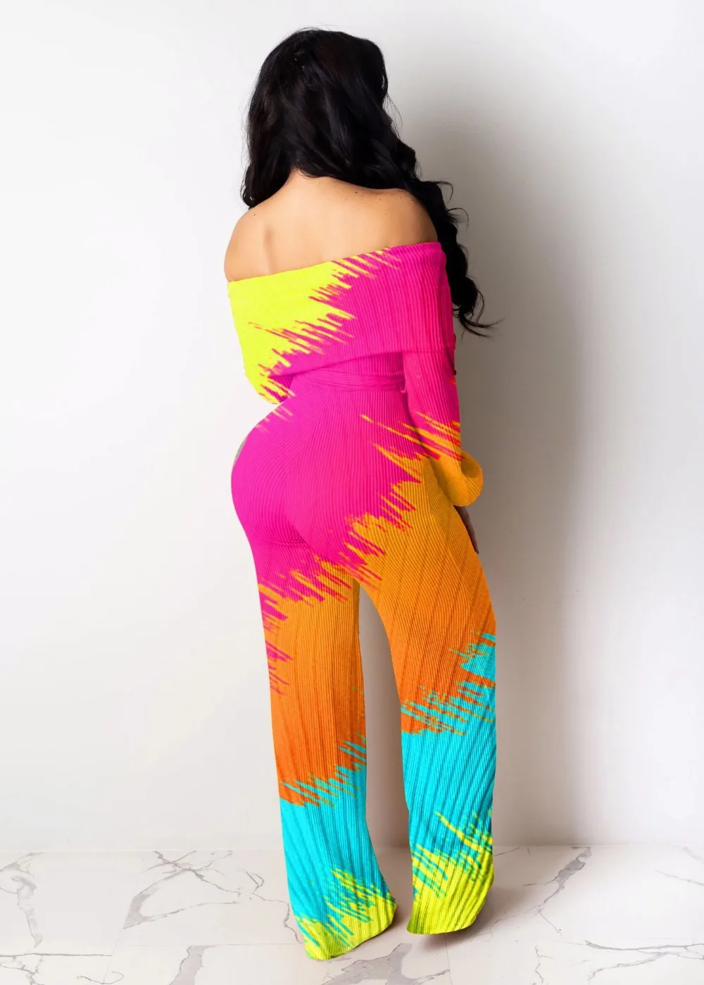 Женский комбинезон с принтом Tie dye, сексуальный комбинезон с длинным рукавом и широкими штанинами, женский комбинезон полной длины, женский комбинезон