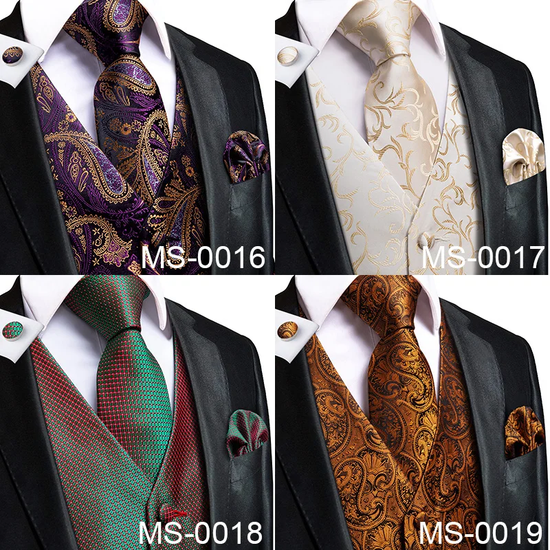 Silk Adult Men's Vest for Suit Luxury Paisley Floral Plaid Suit Vest and Tie Set Blue Gold Red Sliver Wedding Men