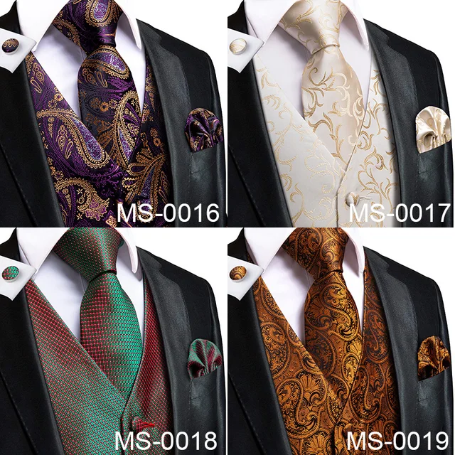 Hi-Tie 20 Color Silk Men's Vests and Tie Business Formal Dresses Slim Vest 4PC Hanky cufflinks for Suit Blue Paisley Waistcoat 4