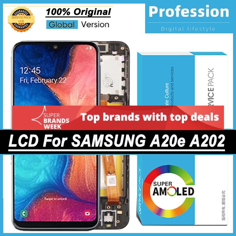 100% Original 5.8'' AMOLED Display for Samsung Galaxy A20e A202 A202F A202DS Full LCD Touch Screen Repair Parts + Service Pack |