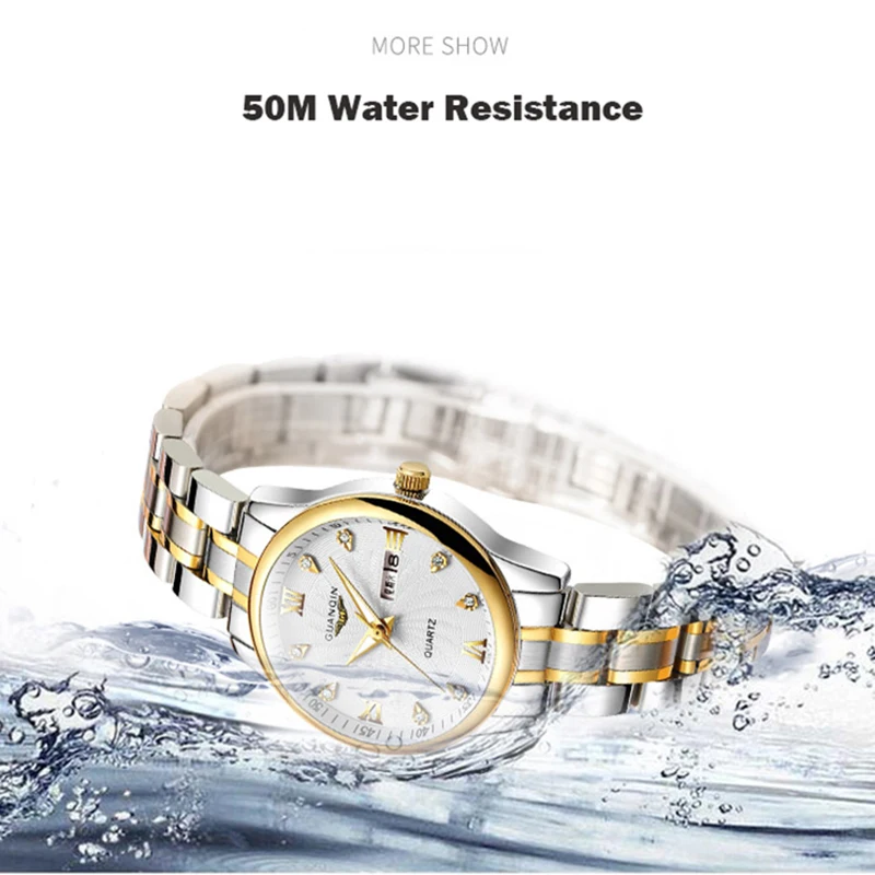 GUANQIN Couple Watch Set Men Women lovers Watch Stainless Steel Date Luxury Gold Quartz Watch Women Clock Ladies Wrist Watch