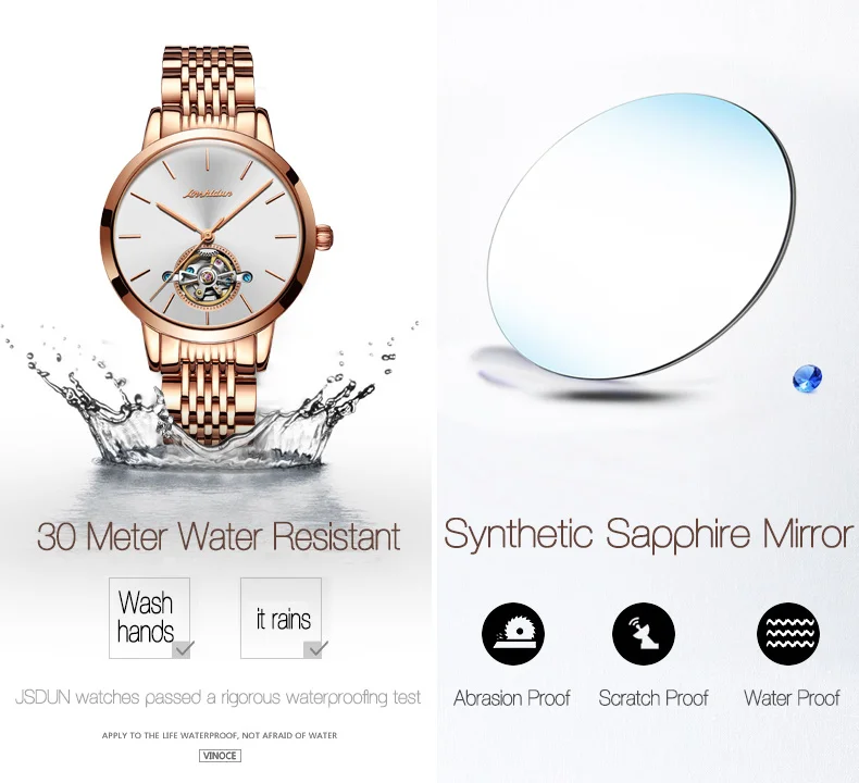 JSDUN автоматические механические часы из нержавеющей стали, лаконичные минималистичные водонепроницаемые женские часы, женские роскошные часы