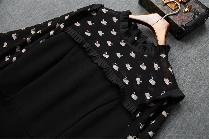 High Fashion Autumn Winter Dresses for Women New Elegant Clothes Long Sleeve Ruffle Print Patchwork Casual Dress Black