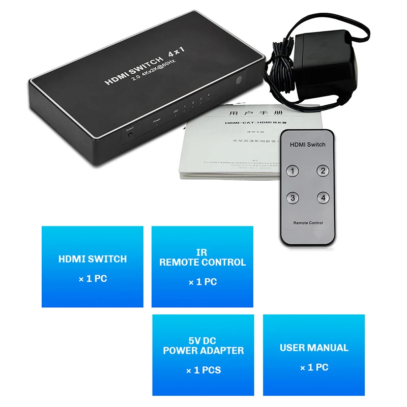 AABB-4 Ports Hdmi Switch 2.0 Hdmi Splitter 60Hz 3D 1080P Full Hd Splitter 4 Input 1 Output Support 4K x 2K Box With Remote Contr