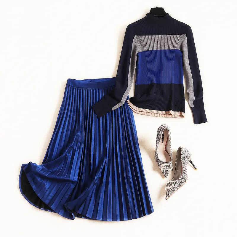 Европейская мода, женская юбка, комплект из 2 предметов, весна, подиумный дизайнерский цветной вязаный Топ и комплект с плиссированной юбкой, женский наряд