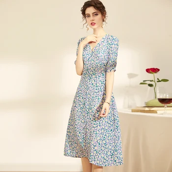 

100% Silk Dresses V Neck Short Sleeves Floral Printed Fashion Casual Mid Dresses