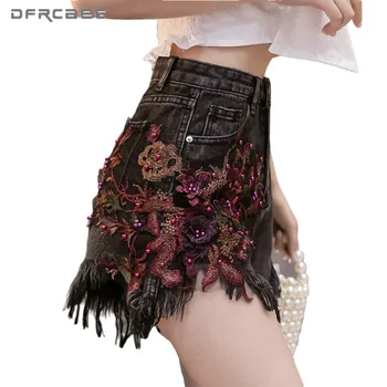 

Black Summer Wide Leg Denim Shorts With 3D Flower 2020 Hight Waist Loose Casual Jeans Hot Short Tassels Femme