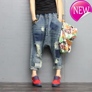 

Casual 2020 Spring Blue Pleated Patchwork Elastic Hole Mid Waist Loose Fashion Full Length Harem Pants Women