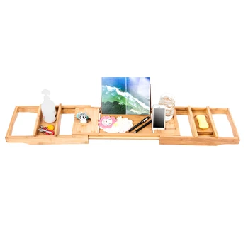 

Bathtub Caddy Tray - Wooden Bathtub Tray with Wine Glass Holder, Book Holder, iPad Stand | Expandable Wooden Shelf