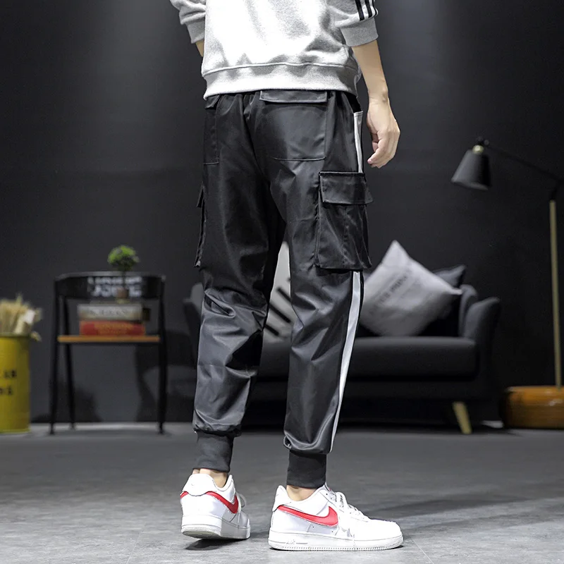 Новая мода оверсайз Streetwear уличная Мужская твердая карманная брюки с свободным досугом стежка эластичность большие сращивающиеся прямые брюки