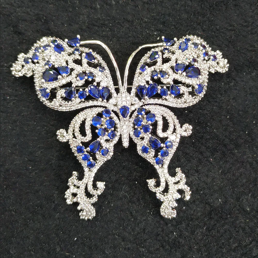 70X57mm Women's High Quality  White gold plated Mixed Color Cz micro butterfly brooch