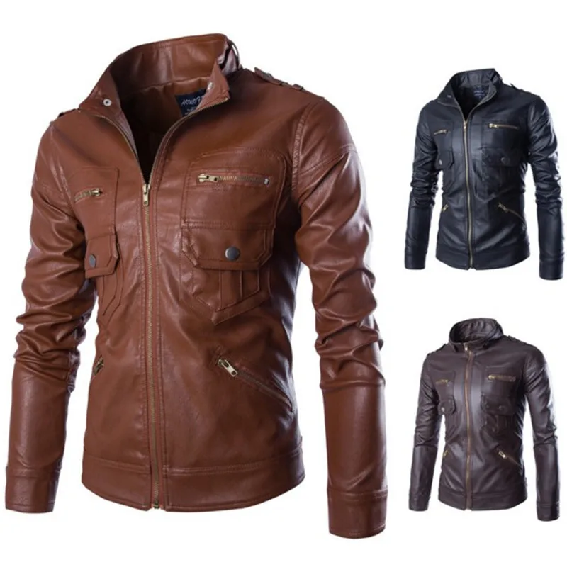 

Men's Leather Jacket Casual Motorcycle Slim Fit Fashion Zipper Pockets Male Moto Biker Winter Spring Windbreaker Coat Men 4XL