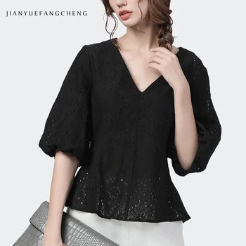 

Elegant Puff Sleeve Lace Blouse Women Pure Cotton Black Tops Hollow Out Floral V-neck Loose Plus Size Female Office Blouses