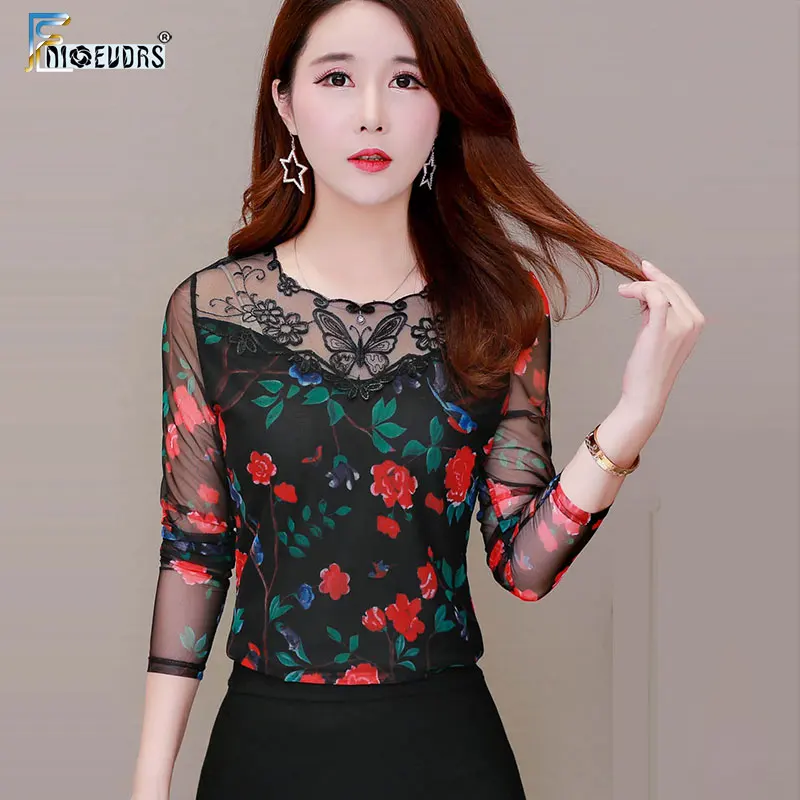 

Female Tops Autumn Fall Design Woman Slim Patchwork Black Mesh Sheer Sexy Transparent Floral Vintage Basic Blouse Shirt a210