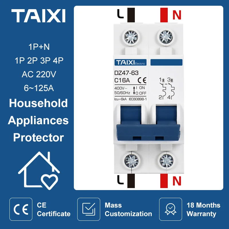 DZ47 Mini Circuit Breaker 1P 2P 4Pole AC 220V 3A 6A 10A 16A 20A 32A 40A 50A 63A 80A 100A MCB Air Switch CE CB Isolator