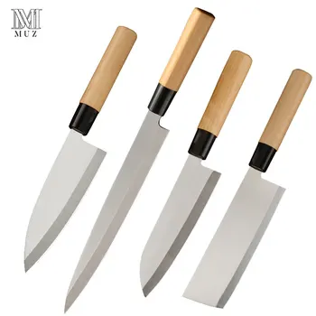 

4 Pcs Japanese Sushi Knife Set Stainless Steel Single Bevel Blade Wood Handle For Chef Fish Nakiri Deba Filleting Salmon Sashimi