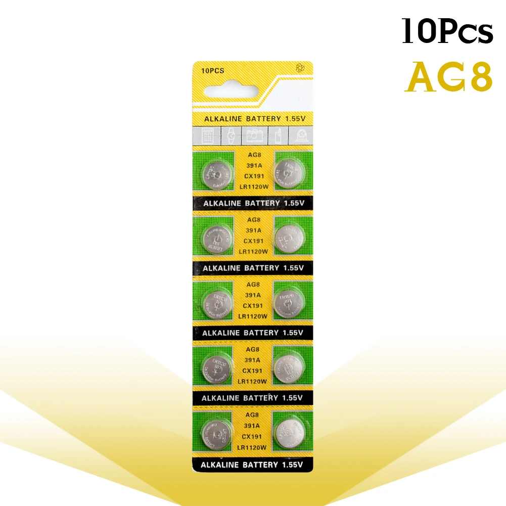 

10-pcs/pack AG8 LR1120 391 SR1120 Button Batteries 191 LR55 Cell Coin Alkaline Battery 1.55V LR1120W CX191 For Watch Toys Remote