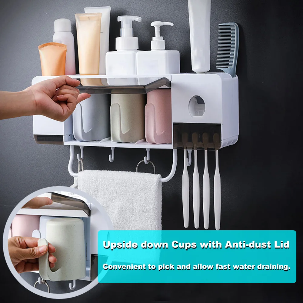 Toothbrush Holder Wall Mounted Automatic Toothpaste Squeezer Cups Towel Holder Wall Hanger Bathroom Organizer Toothbrush Rack