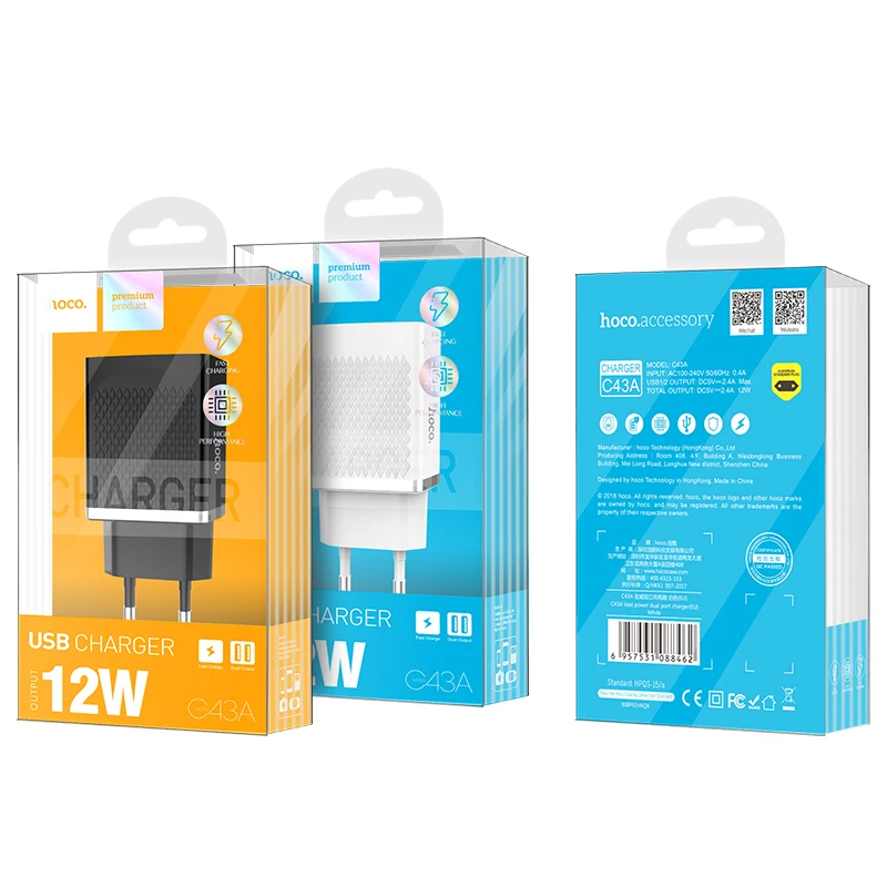 HOCO C43A, 10 шт./лот,, 5 В, 2,4 А, USB зарядное устройство для iPhone 11 Xs Max, евро вилка, настенное зарядное устройство, адаптер для samsung, Xiaomi, huawei