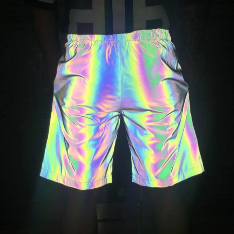Cheap Rainbow Gym Sport Shorts Men Reflective Light Cargo Joggers Casual Hip Hop Dazzling Plus Size Loose Elastic Waist Hot Short Pant