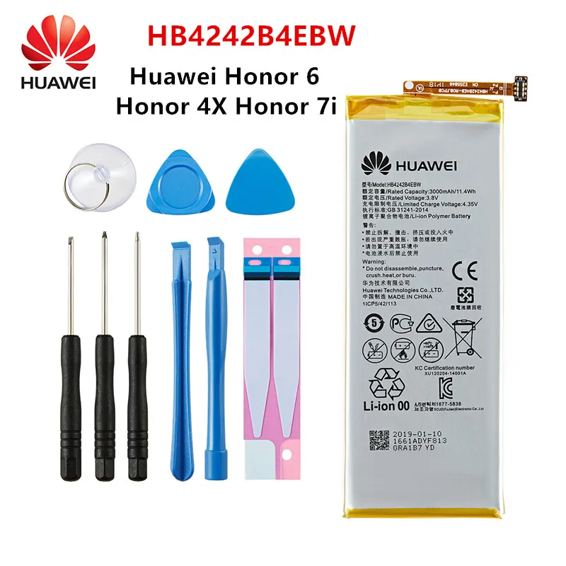 

Hua Wei 100% Orginal HB4242B4EBW 3000mAh Battery For Huawei Honor 6 / Honor 4X / Honor 7i / Shot X H60-L01/L02 /L11/L04 +Tools