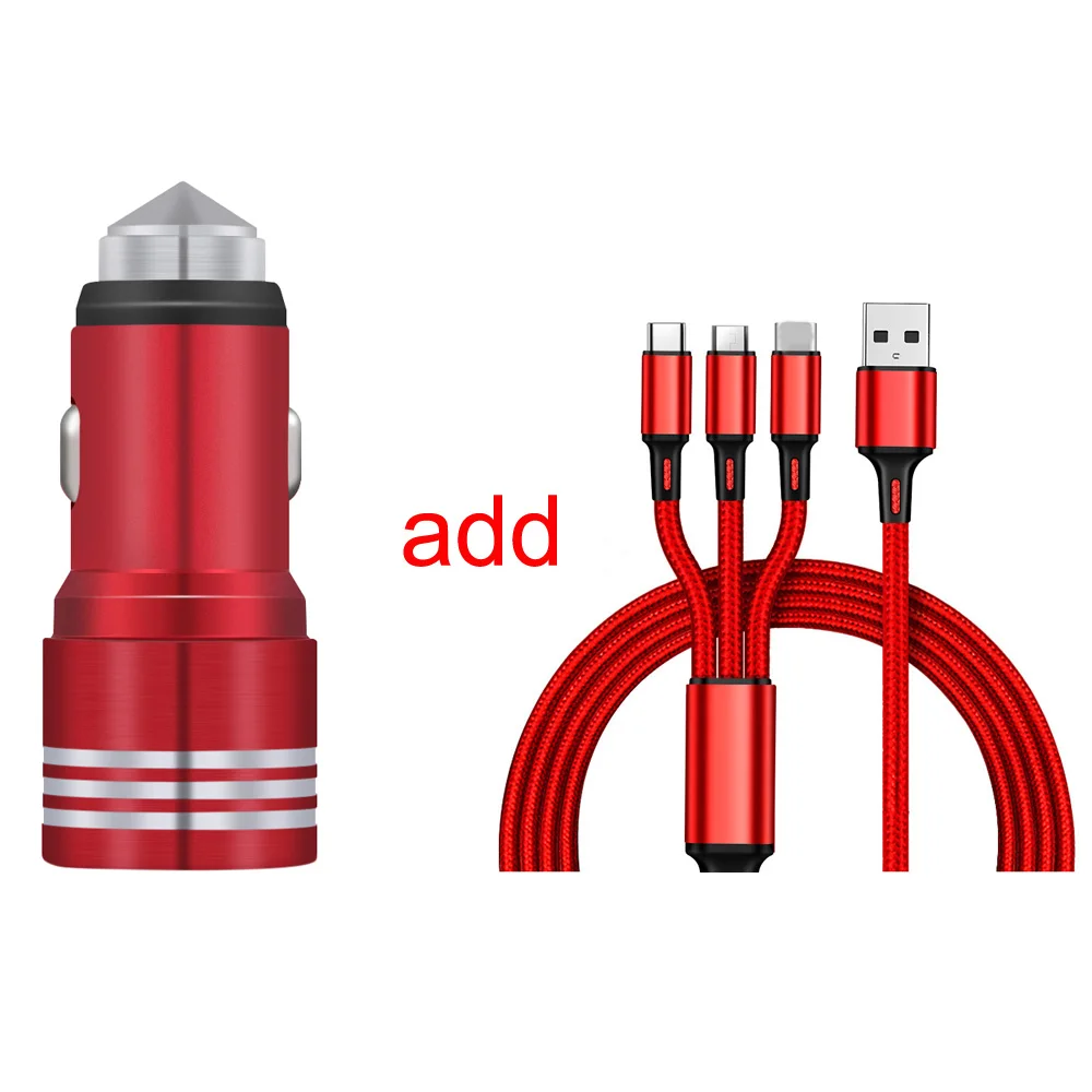 

Dual USB ports Car Charger Aluminum Adapter Smartphone with Safety Hammer with 3 in 1 USB Cable 3A for Mobile Phone