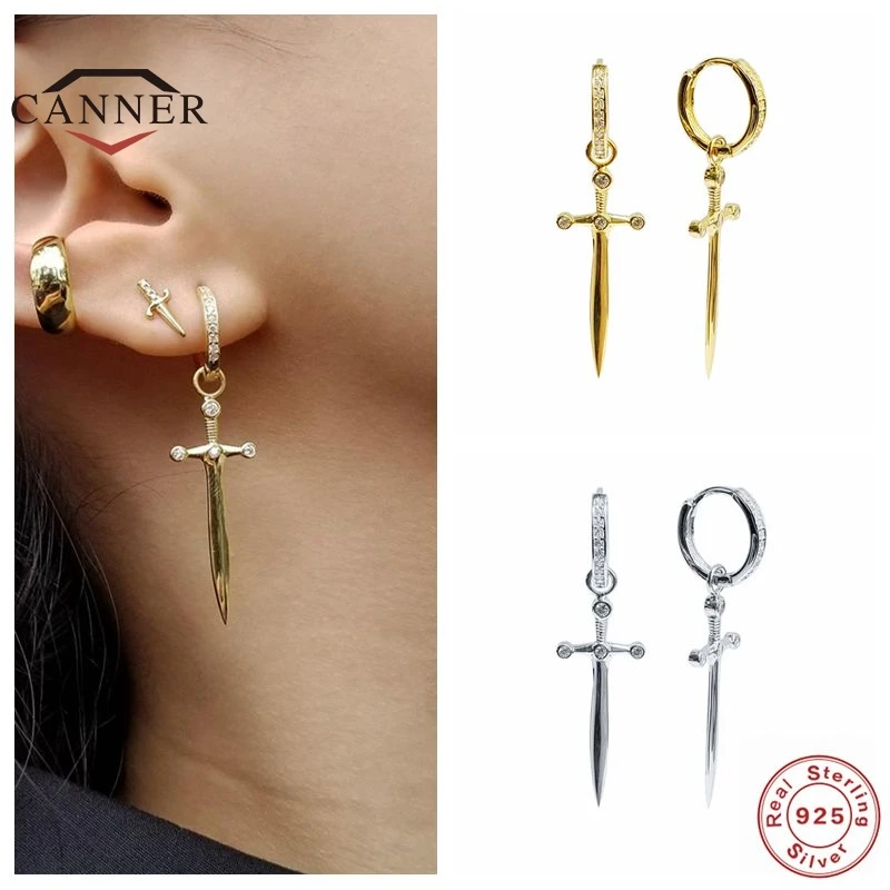 

CANNER Real 925 Sterling Silver Dagger Zircon Pendant Drop Earrings For Women Piercing Earring Earings Jewelry Pendientes