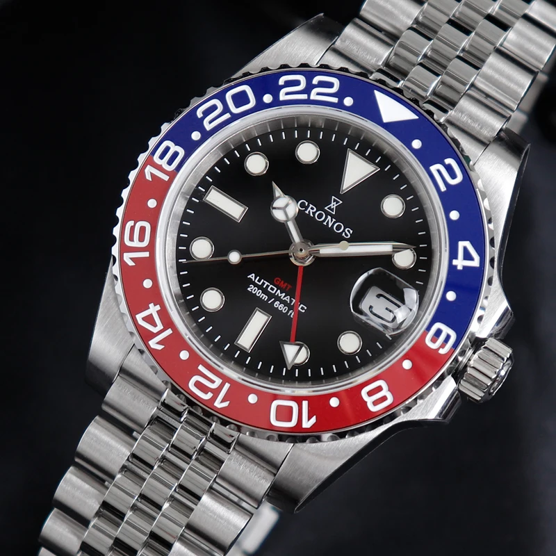 Cronos GMT Automatic Men Watch Bidirectional Bezel Sapphire 20 ATM Solid 5 links Metal Bracelet BGW-9 Lum