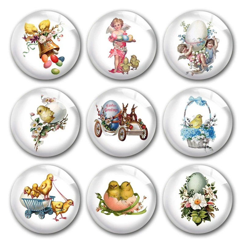 

Handmade Happy Easter Eggs Fairy Chick Retro Round Photo Glass Cabochons Demo Flat Back DIY Jewelry Making Findings Accessory