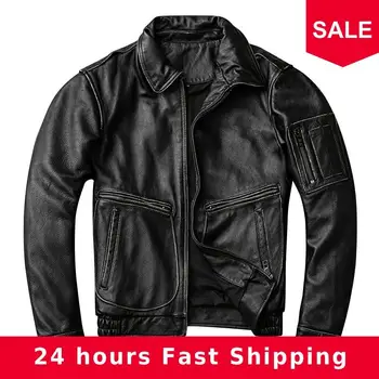

2020 Vintage Black Men Military Pilot Leather Jacket Plus Size 4XL Genuine Cowhide Russian Autumn Slim Fit Aviator Leather Coat