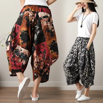 

Loose Ethnic Art Plus Size Cotton Linen Pants Elastic Waist Casual Pockets Elegant Bloomers Pants Dance Spring Women