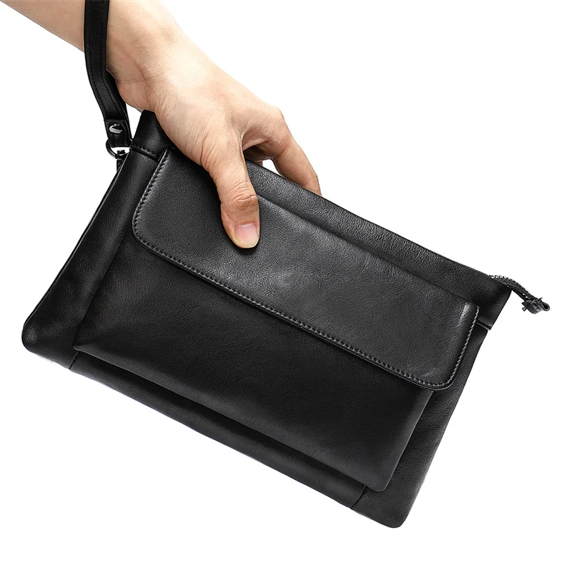 

Mens Business Large Capacity Wallet Black Solid Color Clutch with Front Flap(Size:26*2.5*17cm)