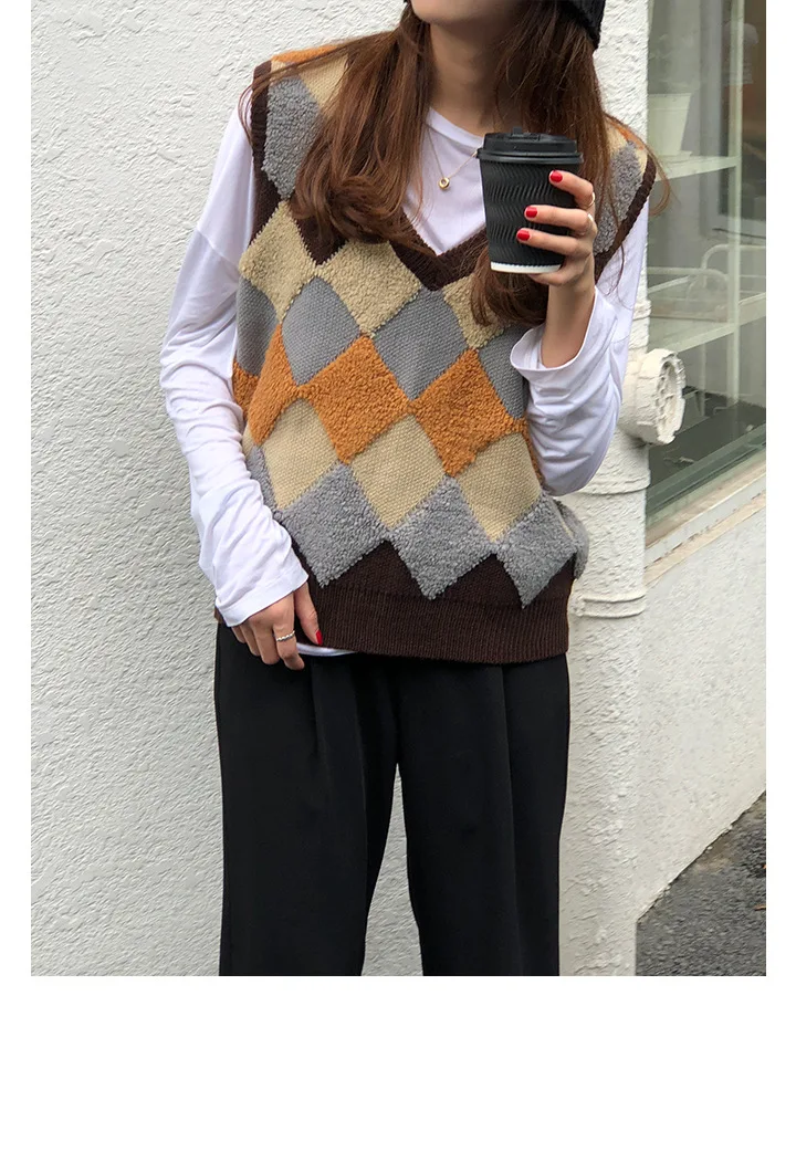 Korean Loose Women's Sleeveless Jacket V-Neck Geometric Patchwork Vintage Sweater Vest Female Winter Warm Waistcoat Veste Femme
