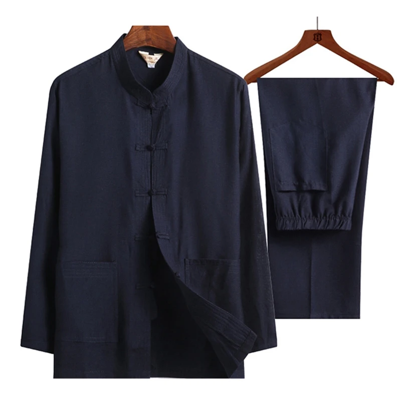solid navyblue Plus Size4XL(Long Sleeve Shirt+Pant)Pure Color Cotton Linen 2PcsSet Men Kung Fu Tai Chi Suit ClassicWu Shu Clothing For Father - Цвет: solid navyblue
