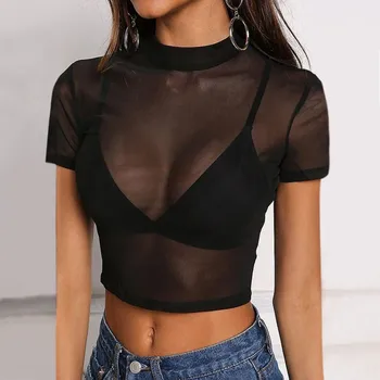 

Sexy Women T Shirt Crop Tops Summer See Through Transparent Mesh Tops Long Sleeve Sheer Slim Ladies Turtleneck T-shirt Tops New