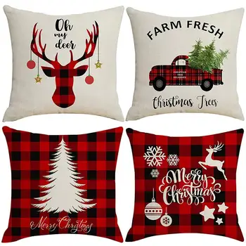 

4Pcs Christmas Tree Car Elk Pillow Case Linen Cover Sofa Bedroom Decor