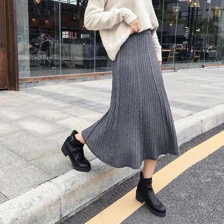 

Knitted Skirt Women's Long 2019 Autumn And Winter New Style Korean-style High-waisted Solid Color Pleated Skirt A- Line Medium-l