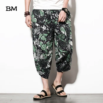 

2020 Summer Chinese Style Flower Pants Cropped Trousers Men Fashion Wide Legs Loose Large Size Thin Casual Harem Pants Male