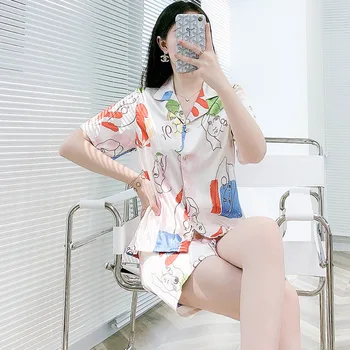 

New Style Pajamas Ladies Spring And Summer Silk Thin Short-Sleeved Shorts Suit Home Service 1894