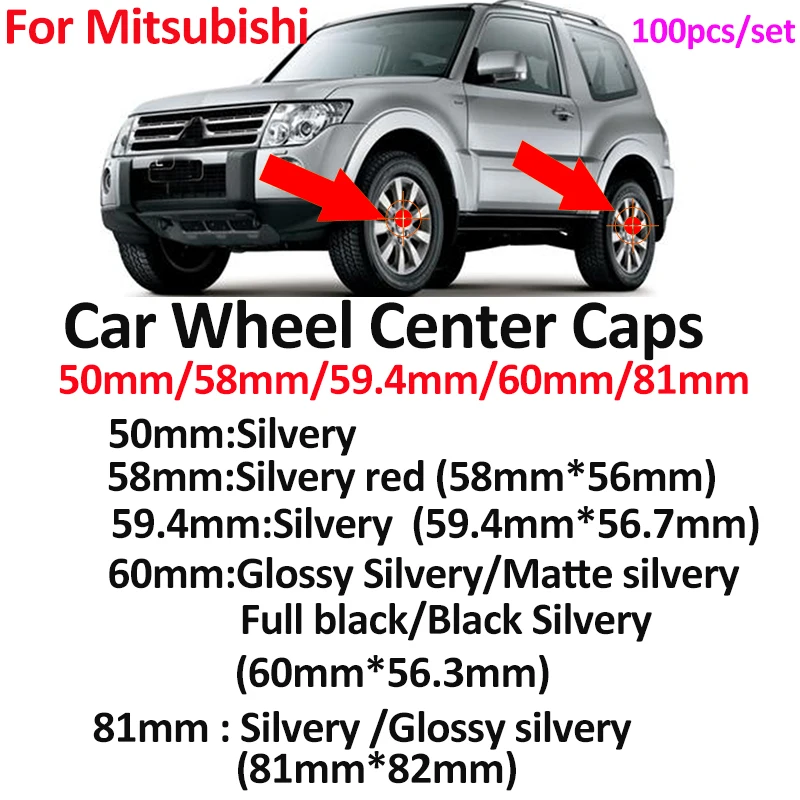 

100pcs Car Styling 50/58/60/59.4/81mm Auto Wheel Center Cap Covers for Mitsubishi Lancer 10 9 EX Eclipse Galant outlander