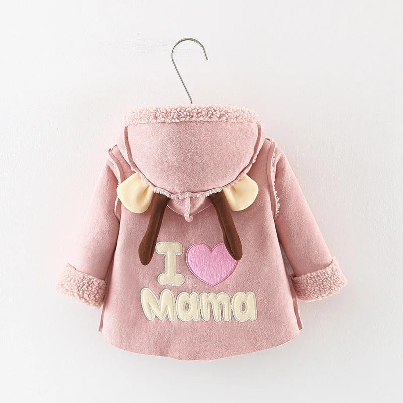 

Warm Winter Coats Baby Girls Infants Kids Children Cartoon Hooded Thicken Suede Cashmere Letter Parkas Coat Outwear Casaco S9851