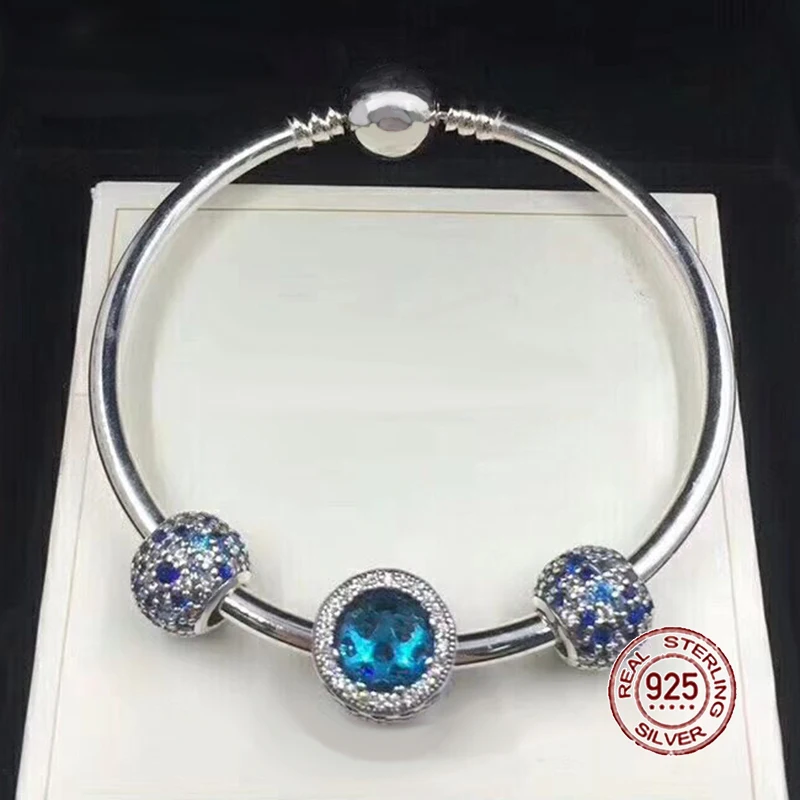 

NEW 100% 925 Sterling Silver Bracelet Sky blue Charm Bangles for Women With DIY Beads Modern Love Jewelry Bracelet Sets Gift