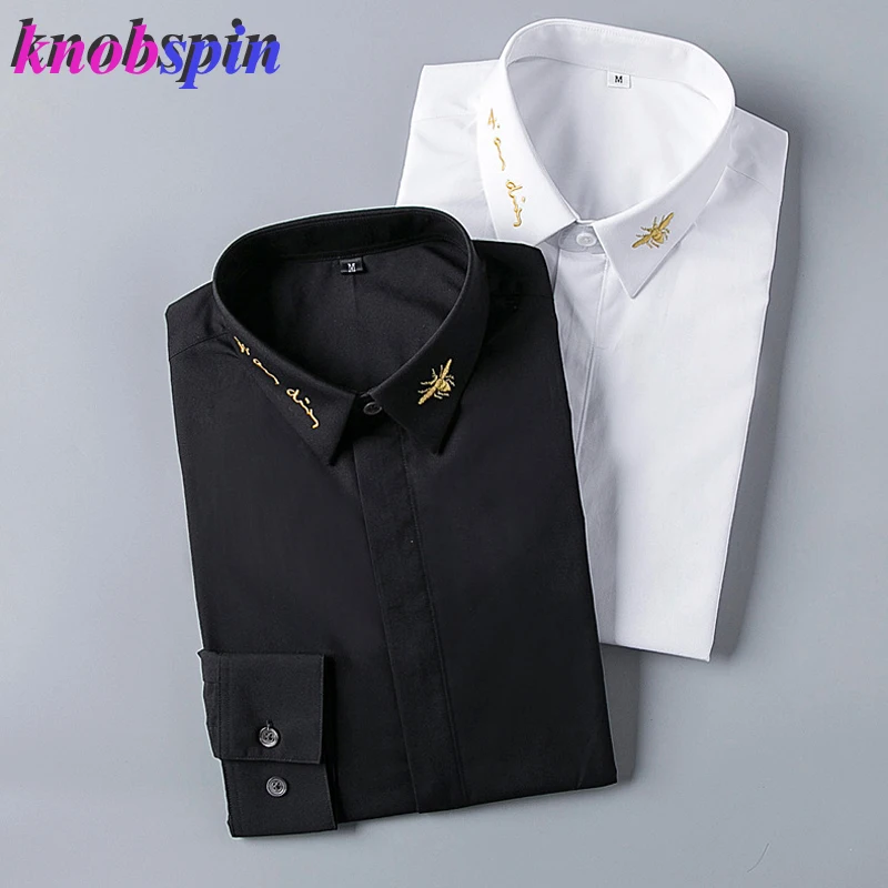 

Europe Fashion Brand men Shirt 2019 Solid color Slim Chemise homme manche longue Gold Bee Embroidery Shirts men High quality